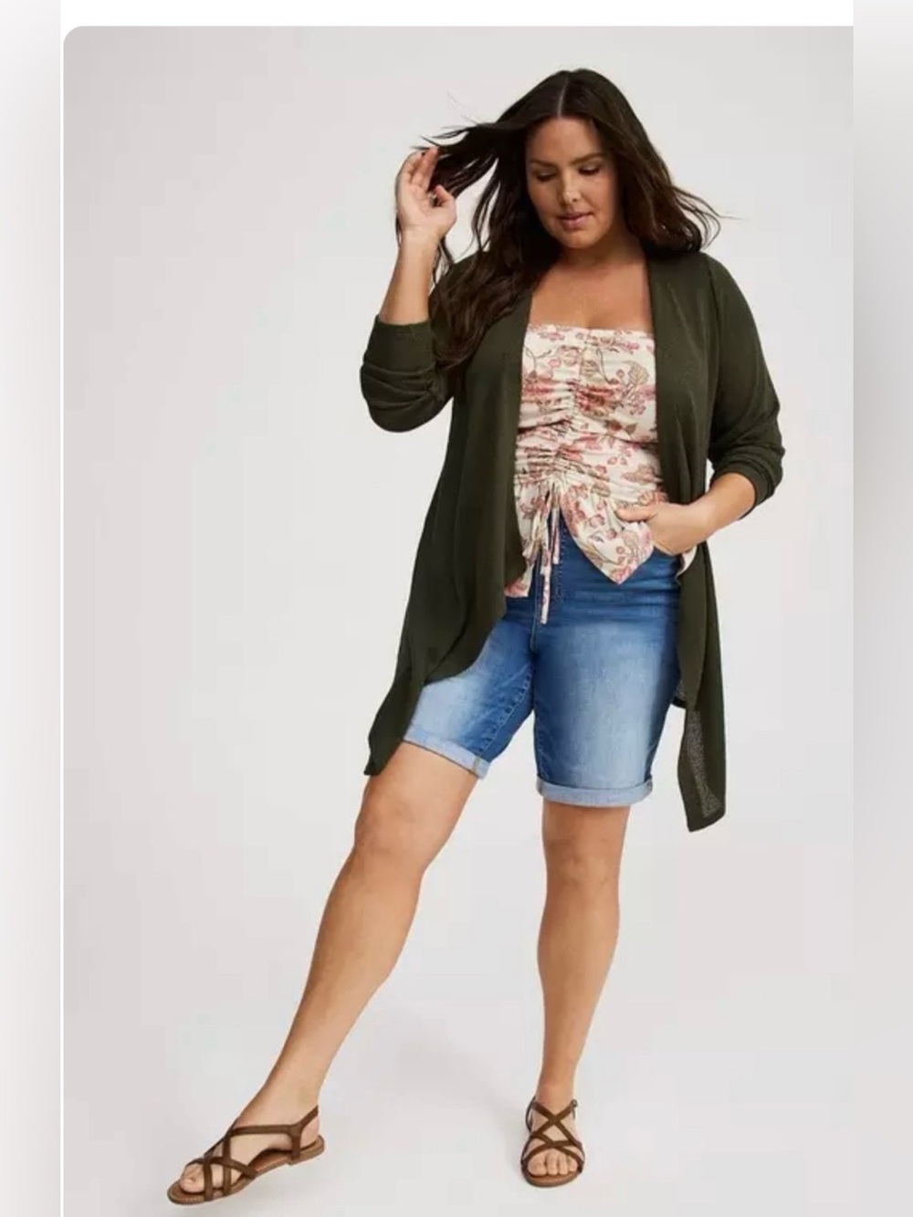TORRID Olive Drape Front Hacci Open Cardigan